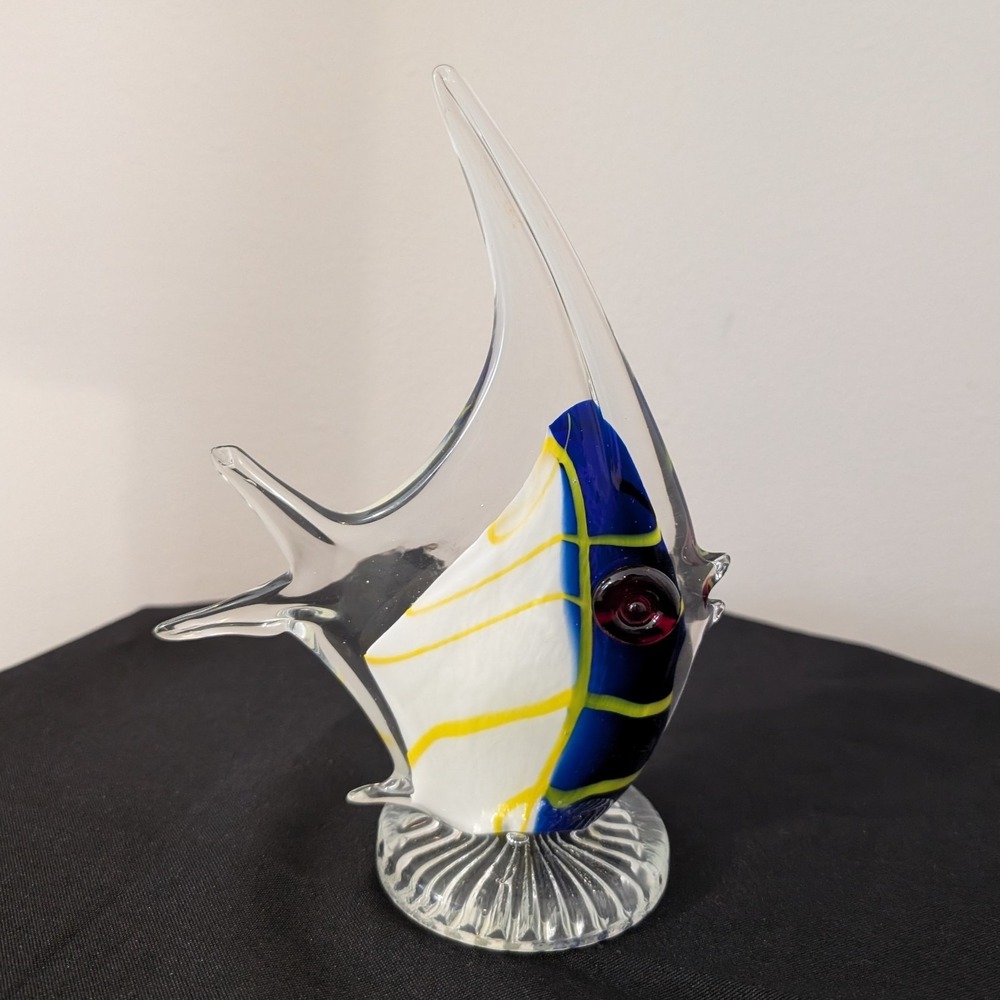 Hand Blown Murano Style Art Glass Angelfish Yellow Blue 7.5" Tall Collect‎ Decor
